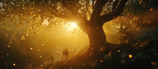 Poster - Golden sunlight illuminating a majestic tree in a serene nature setting, creating a tranquil and warm atmosphere.