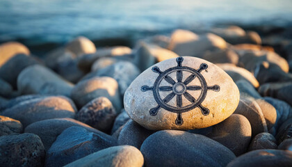 Wall Mural - A white pebble painted with a sailor's rudder design lies among grey pebbles on the beach	