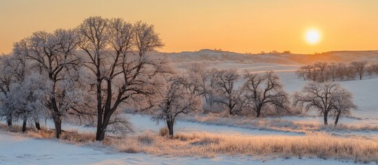 Aufkleber - Winter sunset over snow-covered trees creating a serene landscape with tranquil frost and a peaceful rural atmosphere in the holiday season
