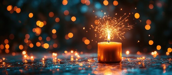 Leinwandbilder - Sparkler firework beside a glowing candle with a blurred illuminated background creating a festive atmosphere