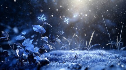 Poster - A blue sky with snowflakes falling and a plant in the foreground