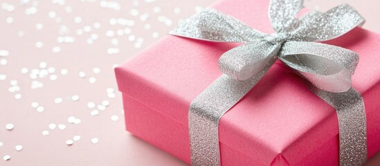 Poster - Elegant pink gift box with shiny silver ribbon on a soft pink background Perfect for celebrations and special occasions flat lay view