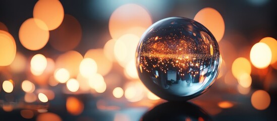 Poster - Shiny spherical Christmas ornament reflecting festive lights in a dreamy bokeh background ambiance for holiday celebrations.
