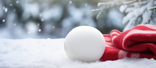 Poster - Snowball resting on a cozy red and white cloth amidst a winter snowy landscape with gentle falling snowflakes in the background