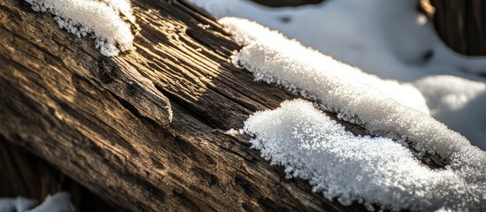Poster - Snow-covered old wood texture with a natural backdrop creating a serene winter atmosphere for background or design use