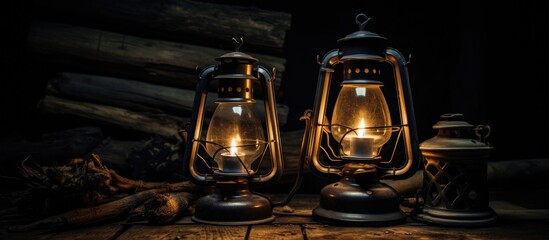 Aufkleber - Vintage railway oil lamps illuminated on a wooden surface against a dark rustic background showcasing historical lighting devices.