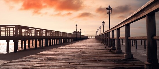 Aufkleber - Quaint wooden pier at sunset with lanterns lining the sides, creating a serene atmosphere at Trabucador beach.