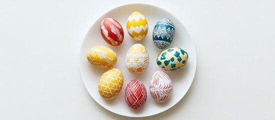Aufkleber - Colorful decorated eggs on a white plate against a minimalistic background showcasing a festive and artistic holiday design aesthetic.