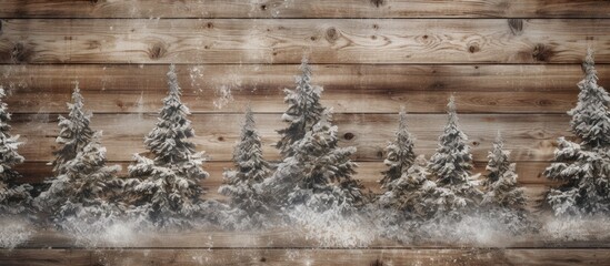 Poster - Wooden background with snowy fir trees creating a rustic winter landscape ideal for seasonal themes and festive designs.