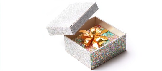 Poster - Glittering open gift box with ribbon on a white background perfect for festive occasions showcasing sparkle and elegance in packaging