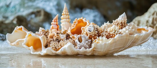 Poster - Colorful coral shells displaying summer memories and treasures captured on a sunlit beach setting, perfect for coastal decor and design.