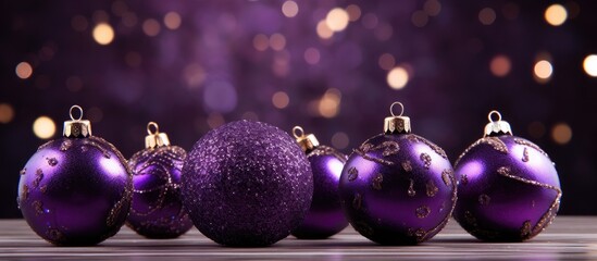 Poster - Purple Christmas ornaments with sparkling glitter arranged beautifully on a wooden surface against a soft bokeh background.