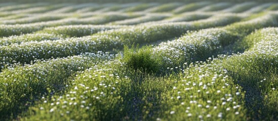 Aufkleber - Vibrant vineyard landscape with chamomile bush at the center surrounded by lush green rows and blooming wildflowers in the foreground.
