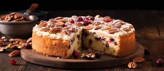 Poster - Pecan cake with sliced almonds and dried cranberries served on wooden table with pecans and cranberries on the side.