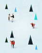 © master1305 - Group of people, men, women and kids, ice skating on snowy landscape, surrounded by stylized trees and falling snowflakes. Contemporary art collage. Concept of winter holidays, activity, fun and joy