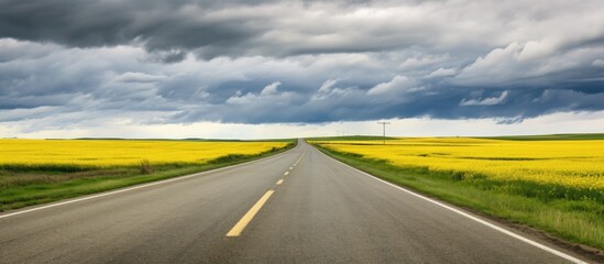 Aufkleber - Scenic rural roadway bordered by vibrant rapeseed fields and green wheat under an overcast sky showcasing nature's beauty.