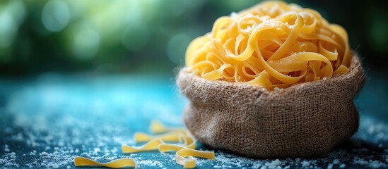 Fototapete - Dried pasta in a rustic burlap bag against a blue backdrop showcasing culinary ingredients and texture elegance