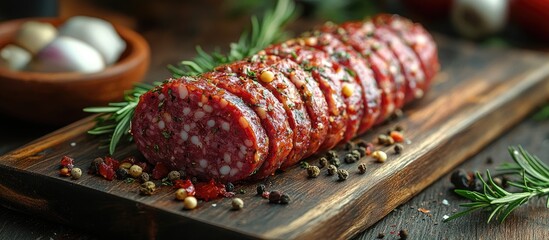 Poster - Freshly sliced Middle Eastern spiced beef sausage on wooden board with herbs and spices showcasing traditional culinary delights