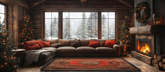Poster - Rustic interior design for New Year featuring cozy living room with festive decorations and winter landscape view from large windows