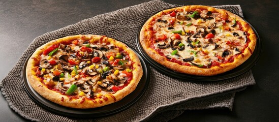 Poster - Two delicious pizzas topped with cheese and vegetables on a textured towel against a dark backdrop showcasing vibrant colors and inviting textures