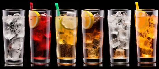 Poster - Refreshing assortment of colorful soft drinks served in glasses with ice and lemon slices on a black background