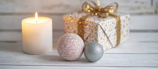 Aufkleber - New Year gift box with decorative balls and a lit candle on rustic wooden background celebrating holiday traditions and warmth