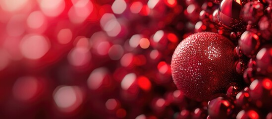 Poster - Decorative red Christmas ornaments with glossy beads creating a festive background for holiday celebrations and seasonal decor themes