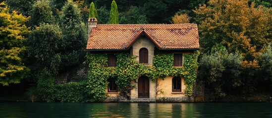 Aufkleber - Charming vintage house by the lakeshore with ivy and wild grapes enhancing its rustic tiled roof and scenic natural surroundings