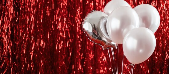 Poster - Silver foil number balloons on vibrant red tinsel background perfect for event greeting cards and vertical banners with copy space
