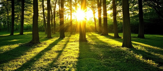Poster - Sunlight filtering through trees in a serene forest creating shadows and a warm, vibrant atmosphere on the lush green ground