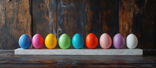 Aufkleber - Colorful painted Easter eggs lined up on a marble display against a dark wooden background for a festive seasonal decoration concept
