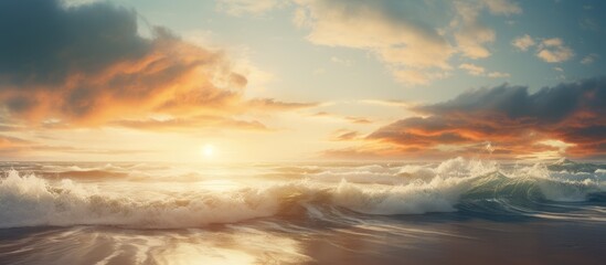 Poster - Serene ocean beach at sunset with sunlit waves and colorful clouds reflecting in the tranquil waters creating a peaceful coastal atmosphere