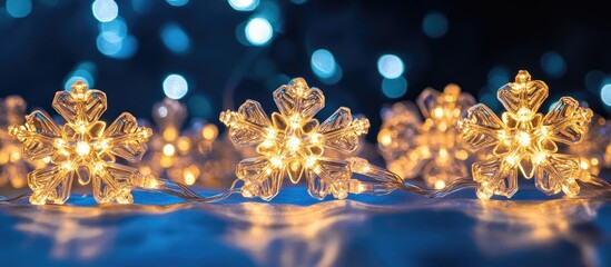 Poster - Glowing snowflake decorations illuminated against a deep blue backdrop with festive bokeh from light bulbs creating a winter atmosphere