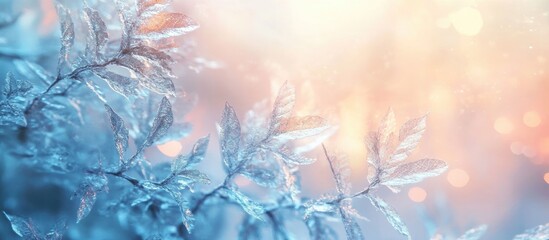 Poster - Frosty window with delicate rime patterns illuminated by soft bokeh light creating a serene winter atmosphere