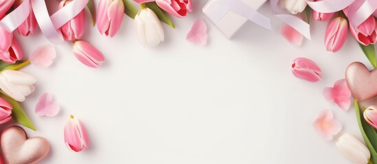 Poster - Romantic flat lay with tulip flowers gift and hearts creating a soft floral backdrop perfect for Valentine's Day or love-themed designs