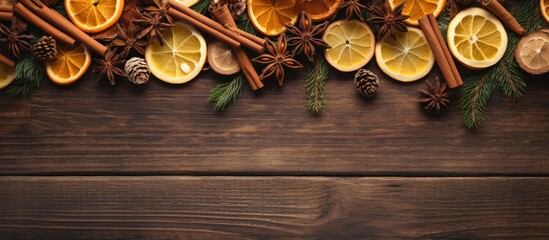 Aufkleber - Natural zero waste wreath elements featuring dried oranges pine cones cinnamon sticks on a rustic wooden table background