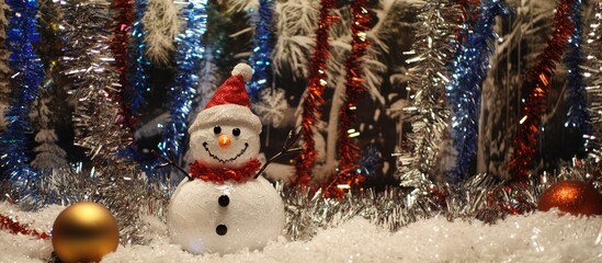 Poster - Festive snowman decoration with colorful tinsel and ornaments for a cheerful holiday setting