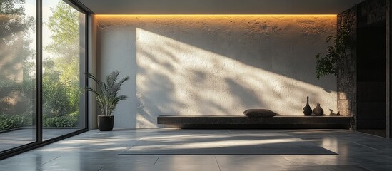 Poster - Minimalist interior with natural light and illuminated wall featuring motivational text on white wallpaper in a tranquil setting