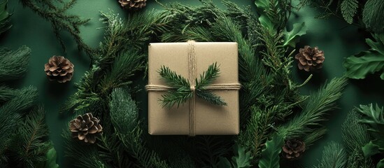 Aufkleber - Elegant gift box surrounded by seasonal evergreen foliage and pinecones on a dark green background for holiday or festivity themes.
