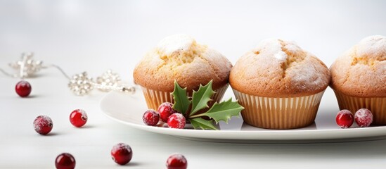 Poster - Festive Christmas Muffins on a White Plate with Holly and Berries Creating a Joyful Holiday Atmosphere