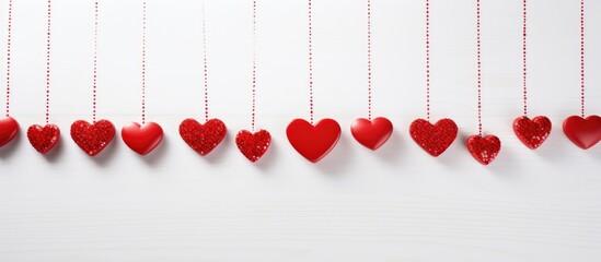 Poster - Red hearts decorated with beads hanging on strings against a clean white background for romantic or festive themes