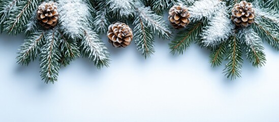 Poster - Snowy pine branches with pine cones on a light background perfect for winter holiday and seasonal themes