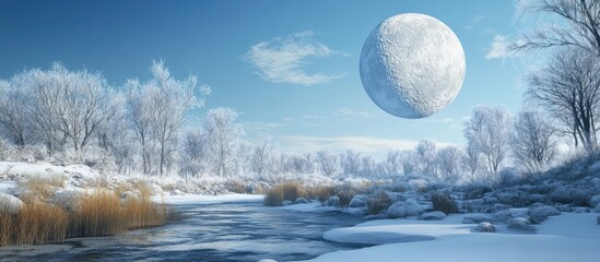 Poster - Winter landscape featuring a daytime moon over a serene frozen river surrounded by snow-covered trees and tranquil nature.