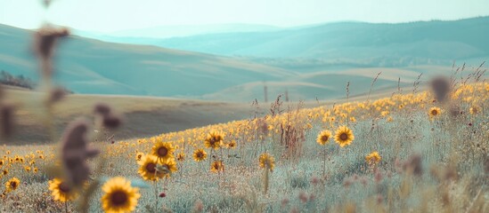 Aufkleber - Golden sunflower field in mountainous landscape under soft morning light with rolling hills and serene atmosphere
