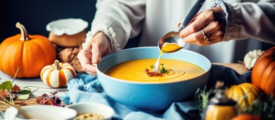 Poster - Pumpkin soup preparation with vintage cutlery surrounded by seasonal decor and autumn ingredients on a rustic blue wooden table