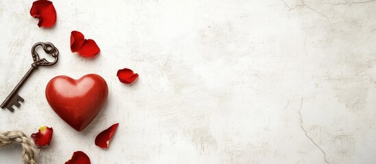 Poster - Heart key lock and rose petals on rustic background flat lay romantic theme with space for text elegant Valentine's Day concept