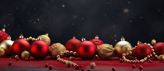 Poster - Festive red and gold Christmas ornaments with garland on a dark background ideal for seasonal decorations and holiday-themed designs