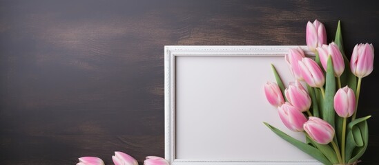 Poster - Elegant pink tulips in a vase beside a blank white photo frame on a textured dark grunge background for spring decor or floral design themes