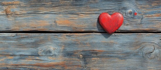Poster - Red heart symbol on rustic wooden background with ample copy space for romantic themes and Valentine's Day designs