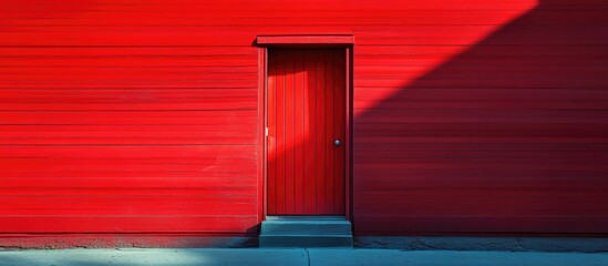 Poster - Vibrant red architectural facade with a contrasting door and shadows creating a striking visual composition for modern design themes